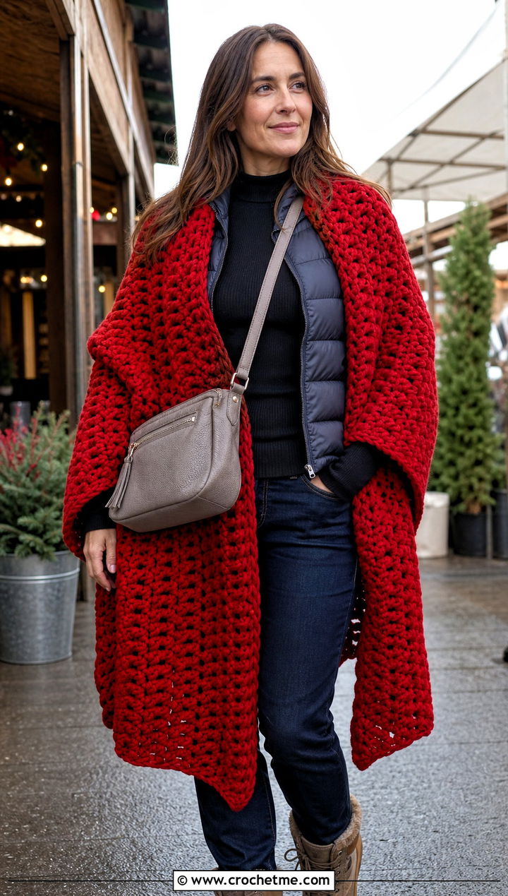 Chunky Rectangle Shawl With Puffer Vest - 25 Easy Crochet Rectangle Shawl outfit ideas