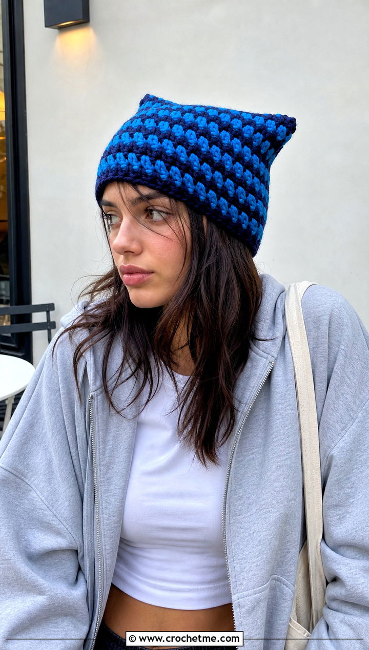 Chunky Rectangular Clancy Crochet Beanie With Hoodie And Wide Leg Jeans - 30 clancy beanie crochet outfit ideas