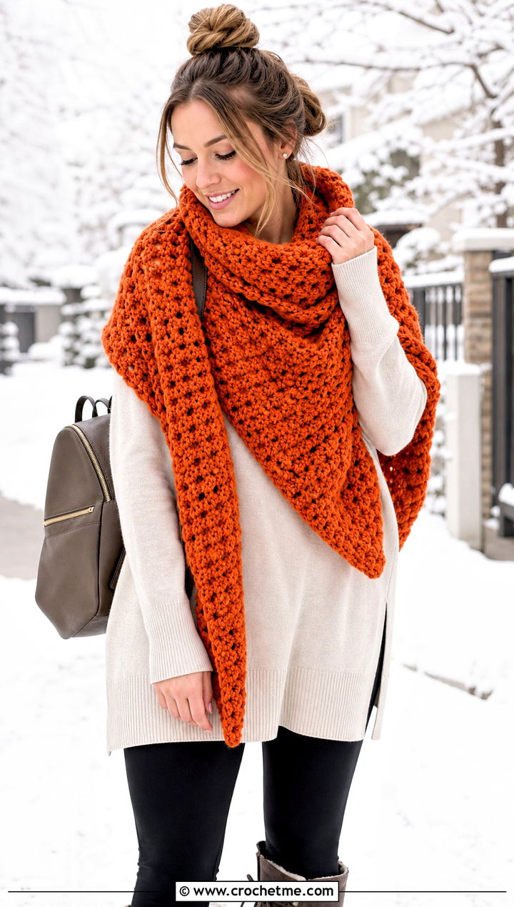 Chunky Rectangular Crochet Shawl With Sweater And Leggings - 30 rectangular crochet shawls outfit ideas