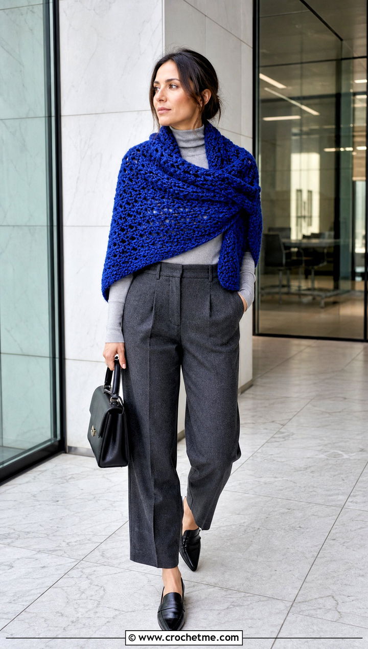 Chunky Rectangular Wrap Shawl With Tailored Trousers - 15 Super Bulky Crochet Shawl outfit ideas