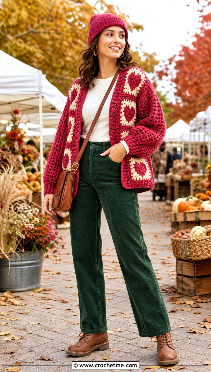 Chunky Red Heart Granny Square Cardigan With Corduroy Pants - 15 red heart granny square cardigan outfit ideas