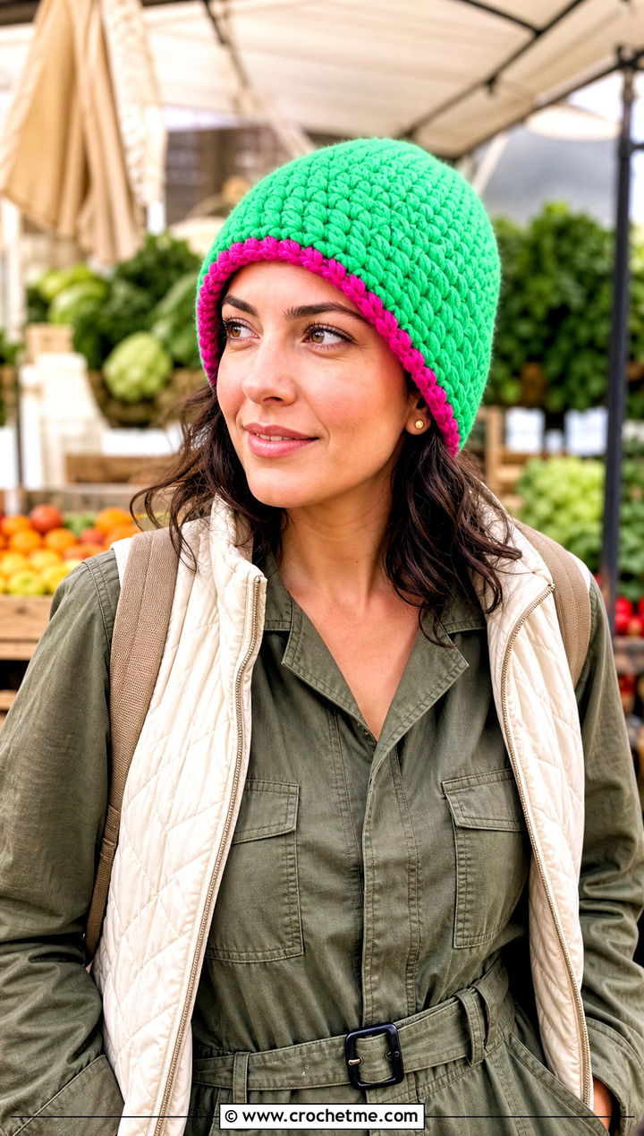 Chunky Reversible Crochet Beanie With Utility Jumpsuit - 15 Reversible Crochet Beanie outfit ideas