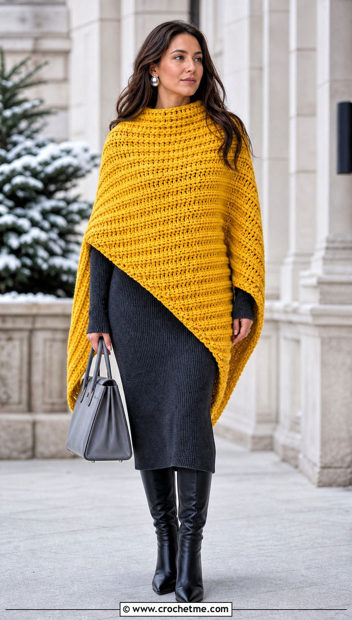 Chunky Ribbed Asymmetrical Crochet Poncho With Knit Dress - 25 Asymmetrical Crochet Poncho outfit ideas
