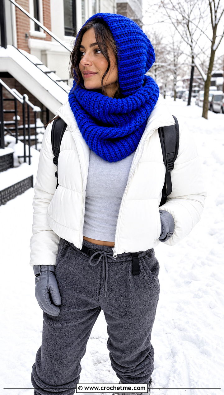 Chunky Ribbed Bandana Crochet Scarf With Puffer Jacket - 20 Bandana Crochet Scarf outfit ideas