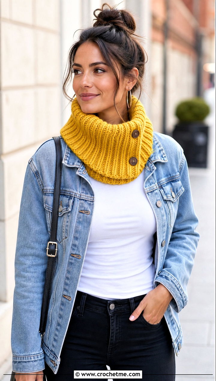 Chunky Ribbed Button Cowl With Denim Jacket - 25 crochet button cowl outfit ideas