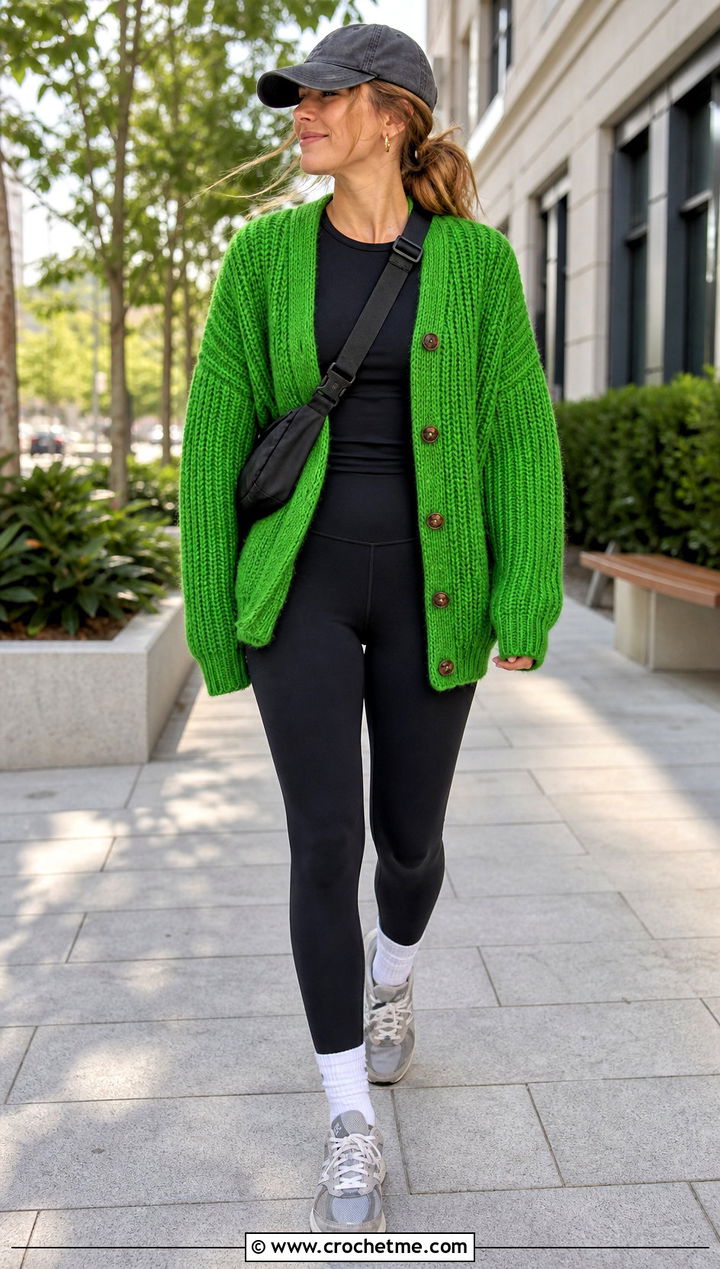 Chunky Ribbed Button Crochet Cardigan With Leggings - 15 crochet cardigan with button closure outfit ideas