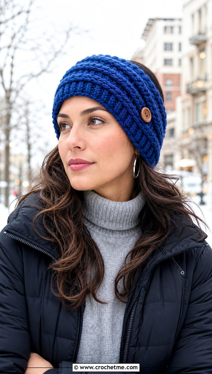 Chunky Ribbed Button Headband With Puffer Jacket - 15 Crochet Headband With Button outfit ideas