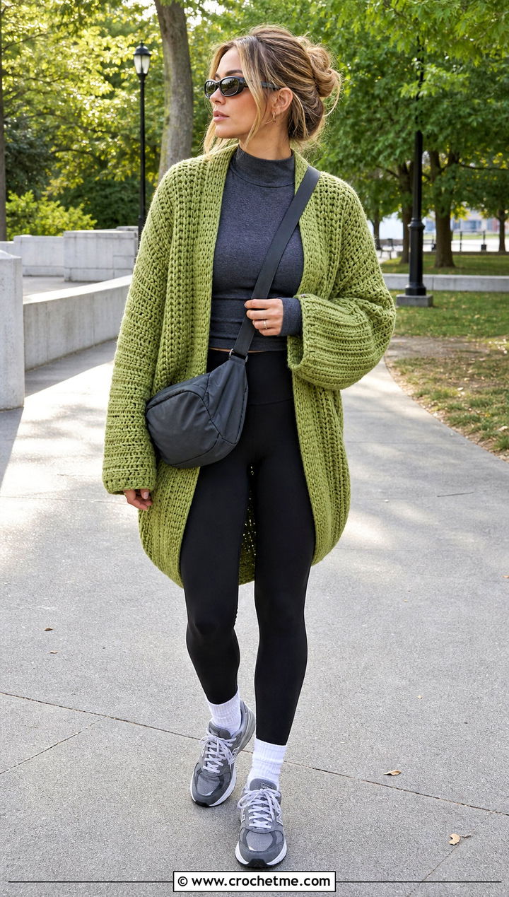 Chunky Ribbed Cocoon Crochet Cardigan With Leggings - 25 Cocoon Crochet Cardigan outfit ideas