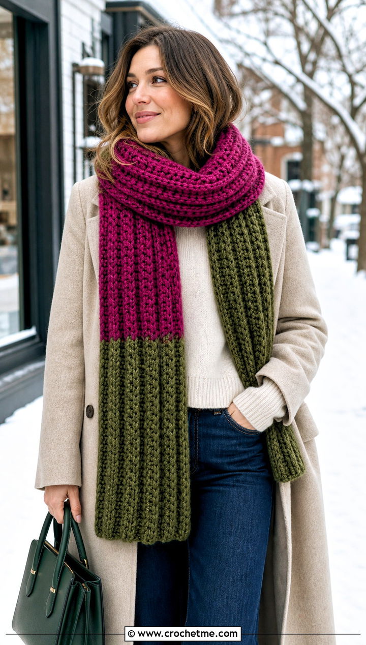 Chunky Ribbed Color Block Crochet Scarf With Wool Coat - 25 Color Block Crochet Scarf outfit ideas