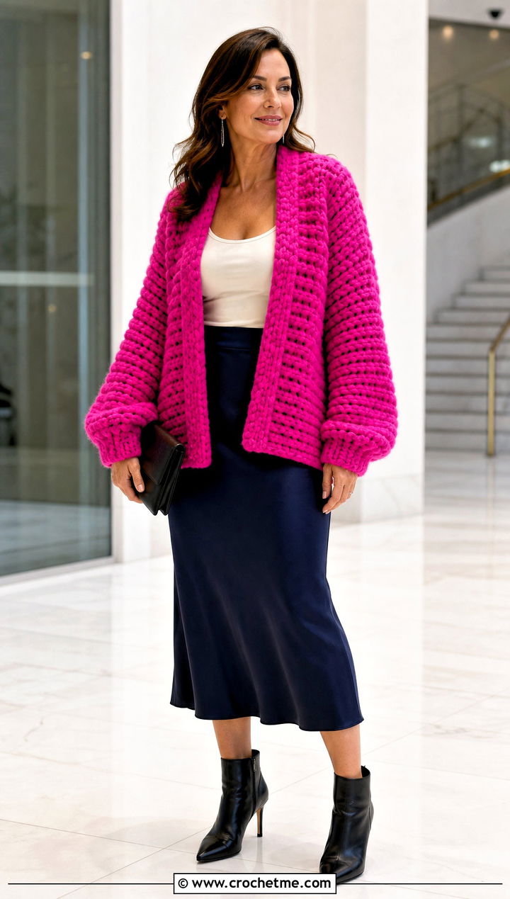 Chunky Ribbed Couch Crochet Cardigan With A Satin Midi Skirt - 15 Couch Crochet Cardigan outfit ideas