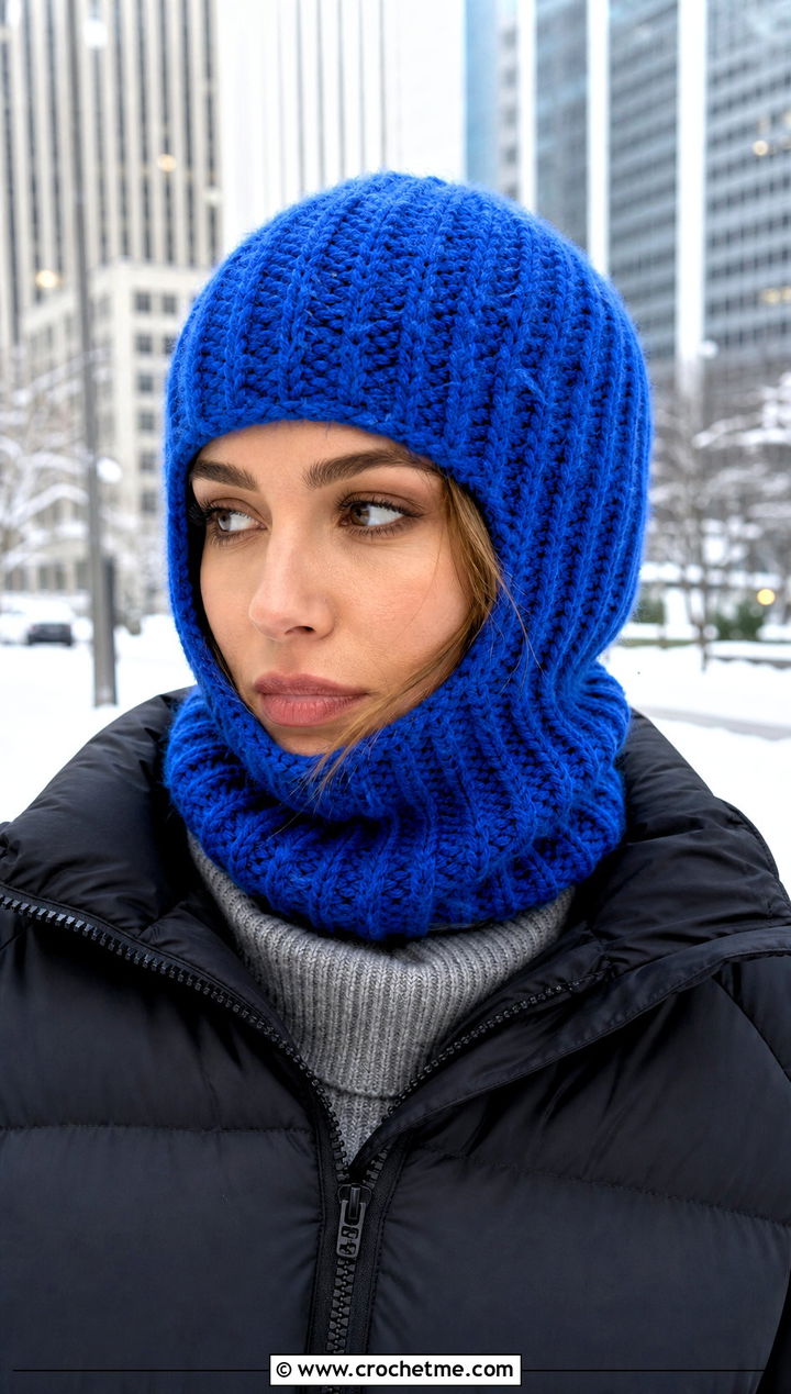 Chunky Ribbed Crochet Balaclava Beanie With Puffer Jacket - 25 crochet balaclava beanie outfit ideas