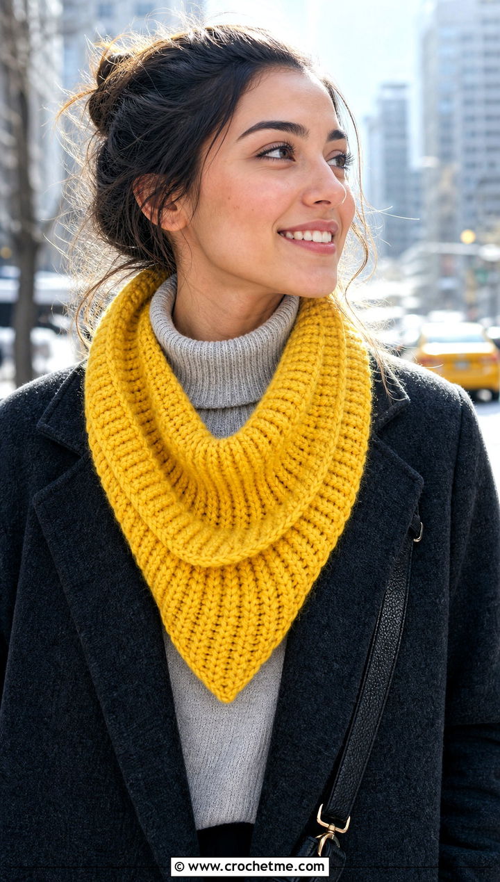 Chunky Ribbed Crochet Bandana Cowl With Wool Coat - 30 crochet bandana cowl outfit ideas