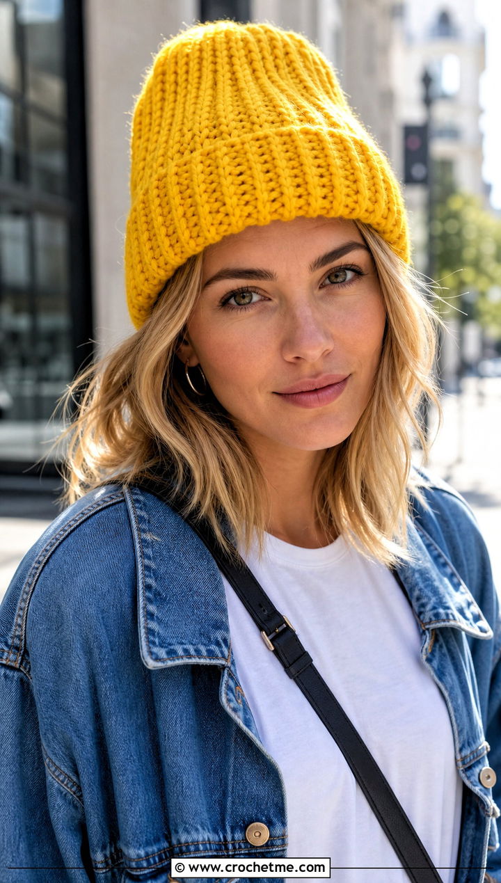 Chunky Ribbed Crochet Beanie With Denim Jacket - 25 Easy Chunky Crochet Hat outfit ideas