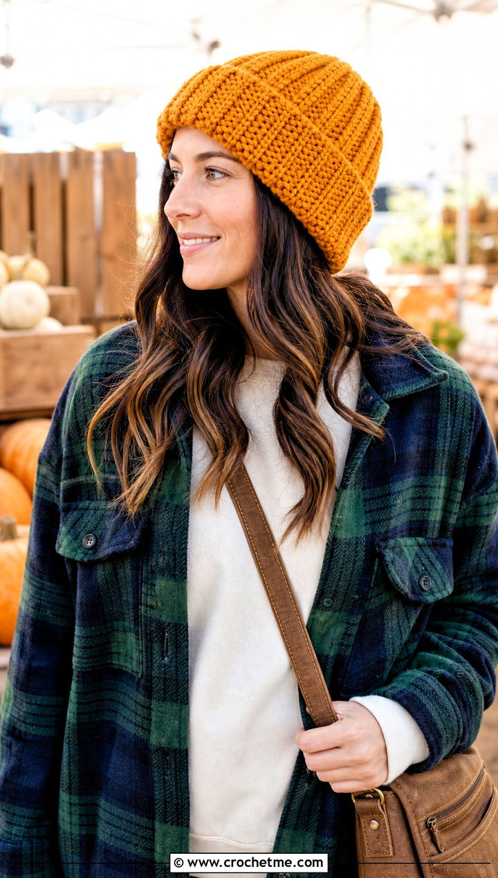 Chunky Ribbed Crochet Beanie With Shacket - 30 knit look crochet beanie outfit ideas