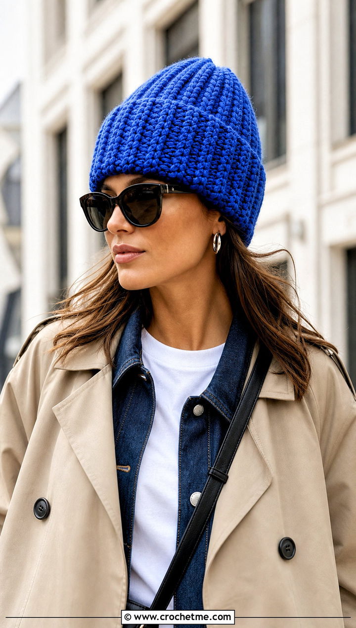 Chunky Ribbed Crochet Beanie With Trench Coat - 25 Chunky Yarn Crochet Hats outfit ideas
