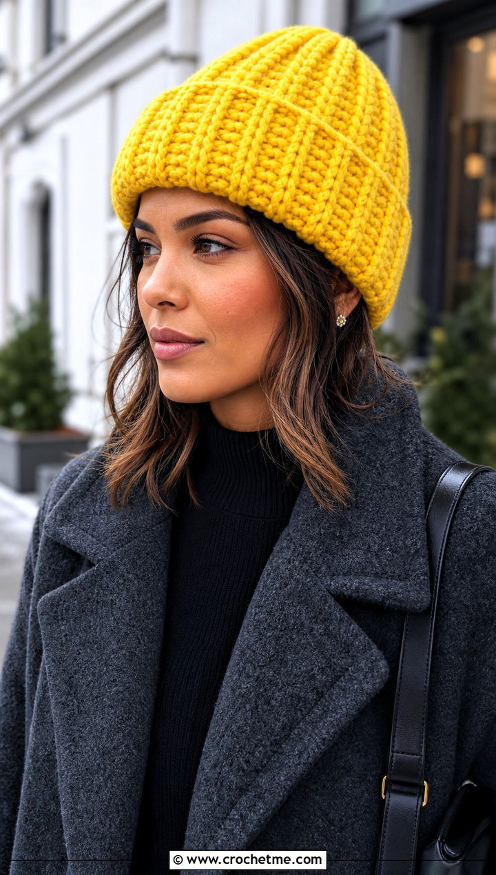 Chunky Ribbed Crochet Beanie With Wool Coat - 15 large crochet beanie outfit ideas