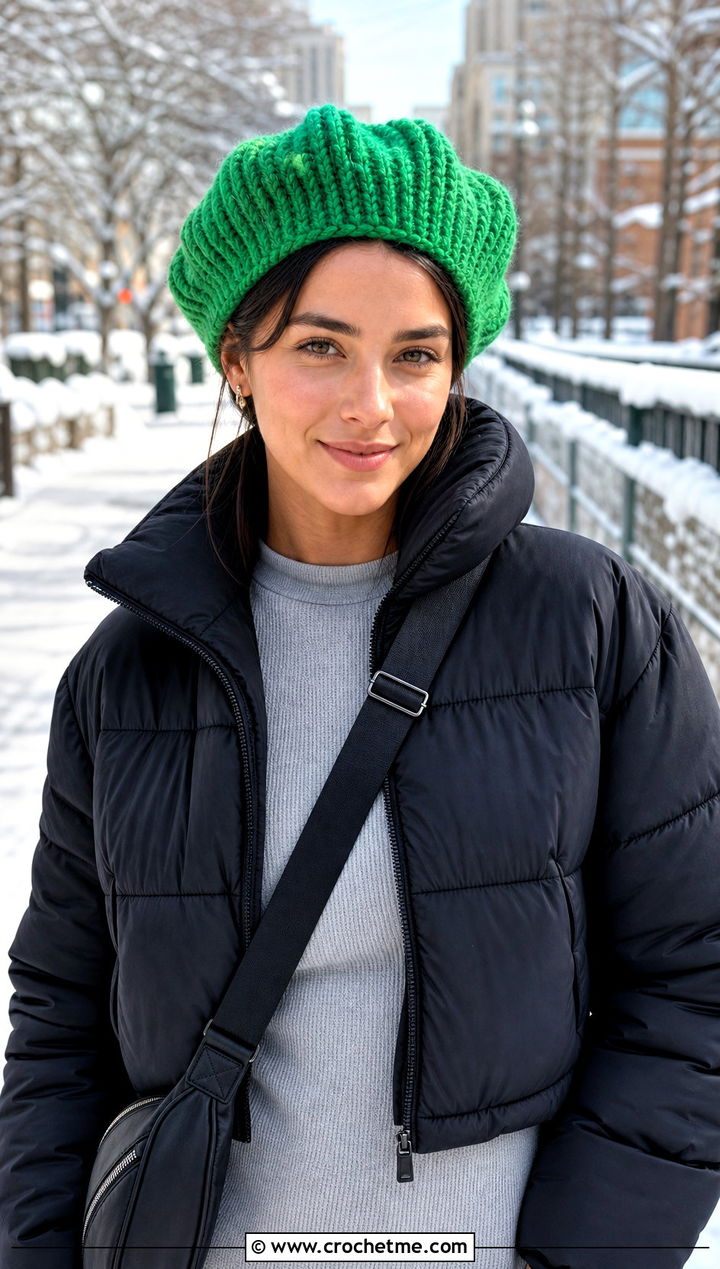 Chunky Ribbed Crochet Beret With Puffer Jacket And Leggings - 15 Womens Crochet Beret outfit ideas
