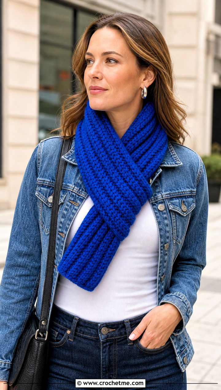 Chunky Ribbed Crochet Button Hole Scarf With Denim Jacket - 15 Crochet Button Hole Scarf outfit ideas