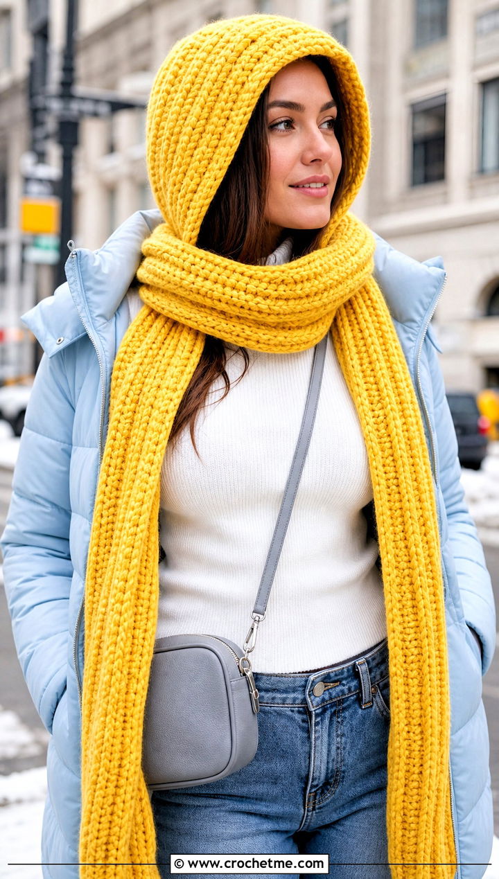 Chunky Ribbed Crochet Cap Scarf With Puffer Jacket - 25 Crochet Cap Scarf outfit ideas