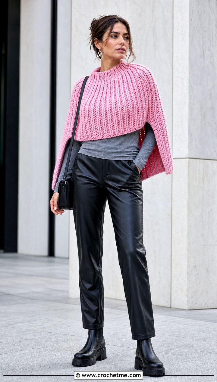 Chunky Ribbed Crochet Capelet With Leather Pants - 15 Outlander Crochet Capelet outfit ideas