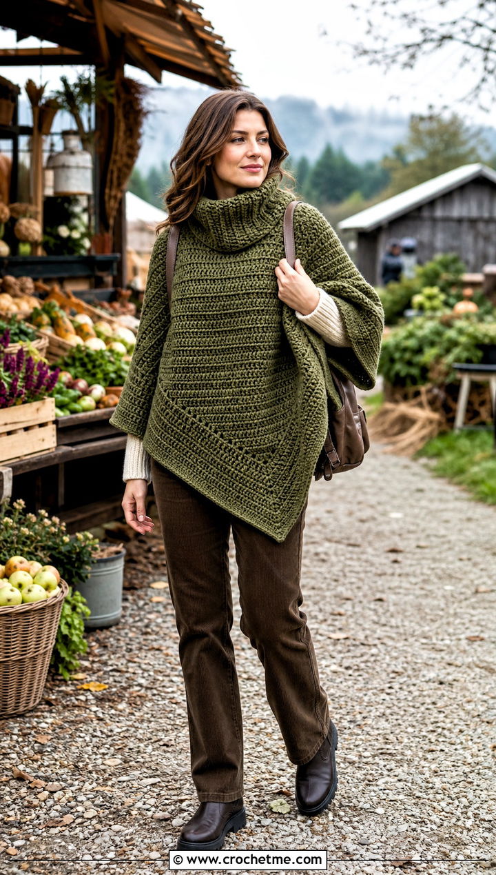 Chunky Ribbed Crochet Clint Eastwood Poncho With Corduroy Trousers - 15 Crochet Clint Eastwood Poncho outfit ideas