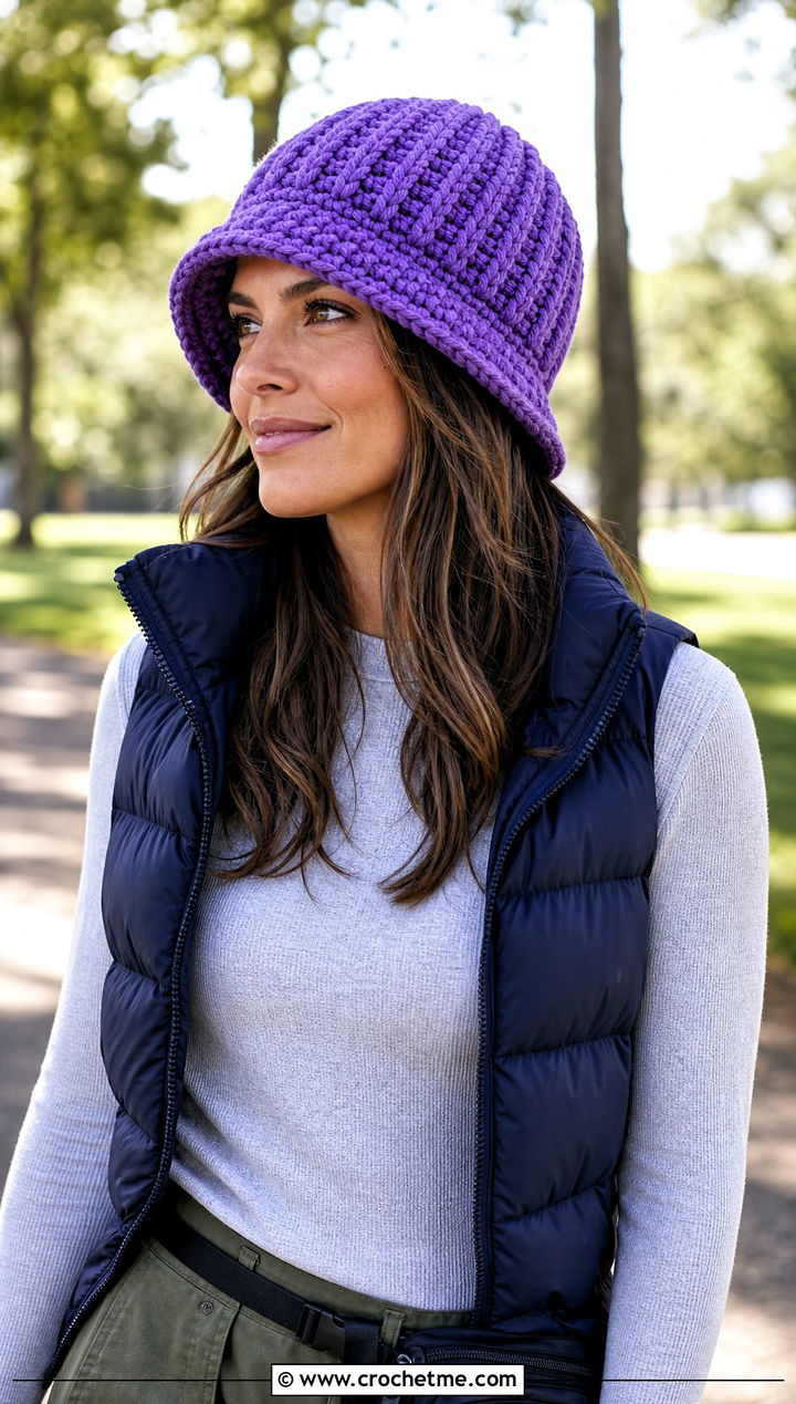 Chunky Ribbed Crochet Cloche Hat With Puffer Vest - 25 flapper style crochet cloche hat outfit ideas