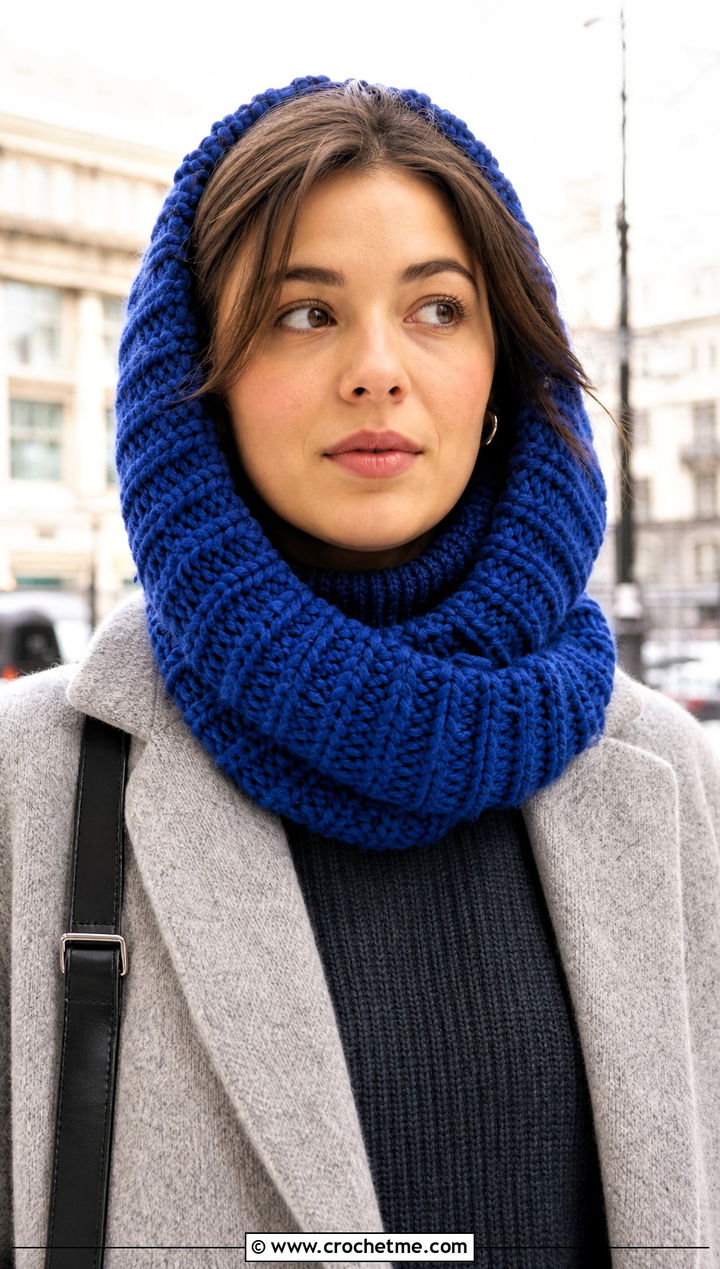 Chunky Ribbed Crochet Cowl Hood With Wool Coat - 25 crochet cowl hood outfit ideas