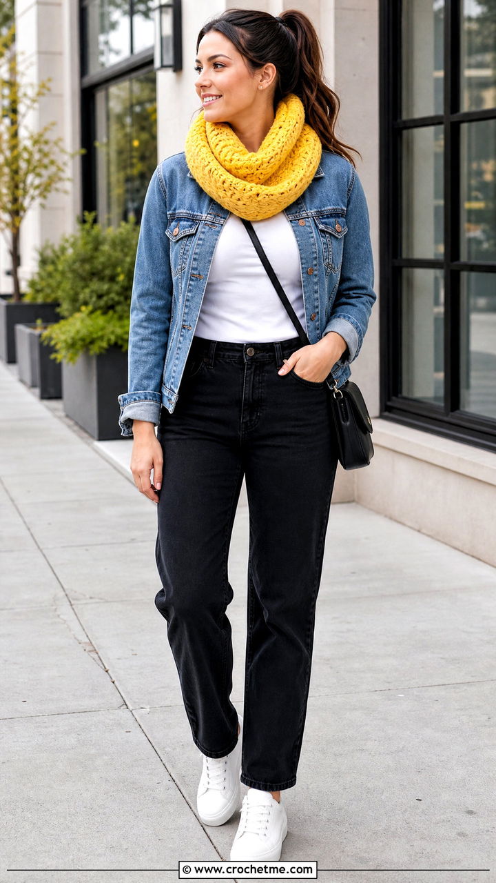 Chunky Ribbed Crochet Cowl Neck Warmer With Denim Jacket Outfit - 35 crochet cowl neck warmer outfit ideas