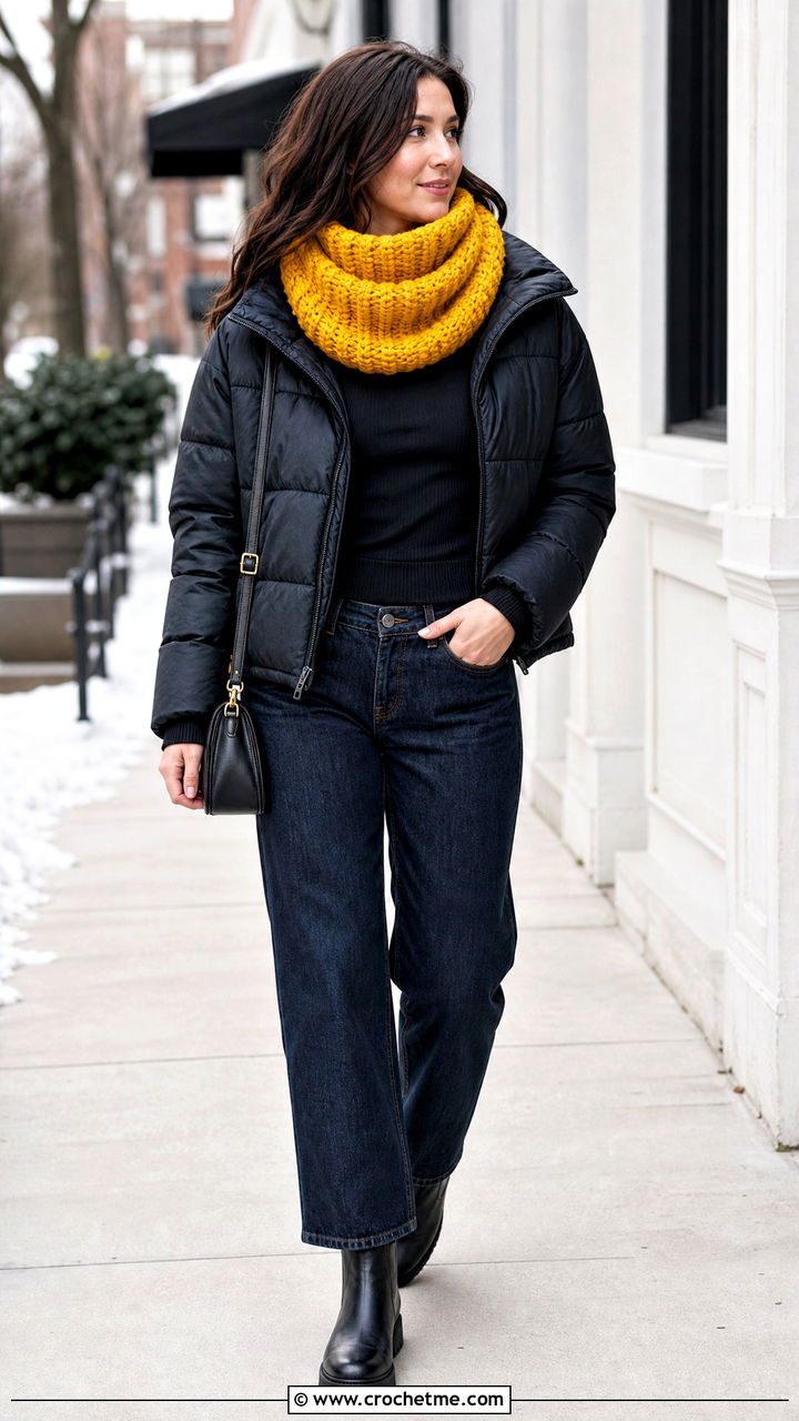 Chunky Ribbed Crochet Cowl Scarf With Puffer Jacket - 35 crochet cowell scarf outfit ideas