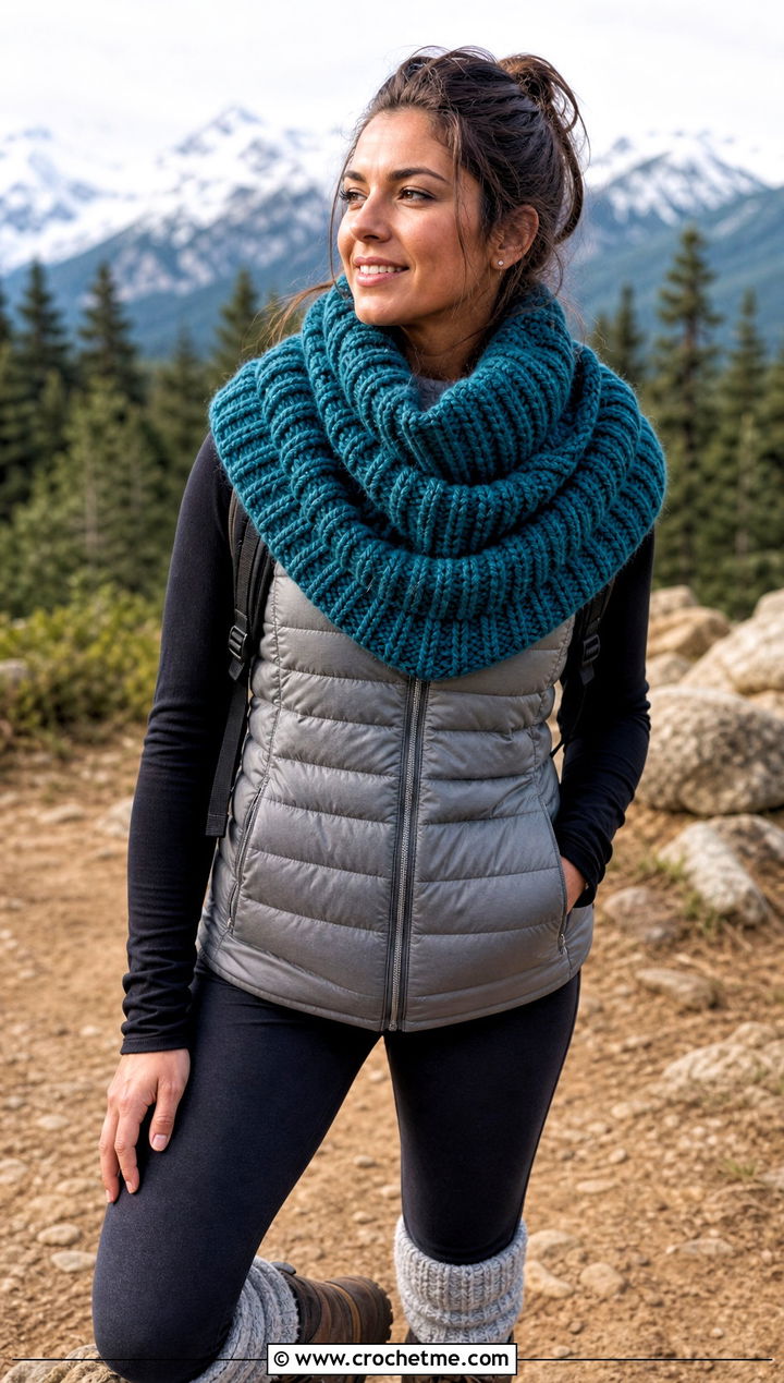 Chunky Ribbed Crochet Cowl Shawl With Puffer Vest - 20 crochet cowl shawl outfit ideas