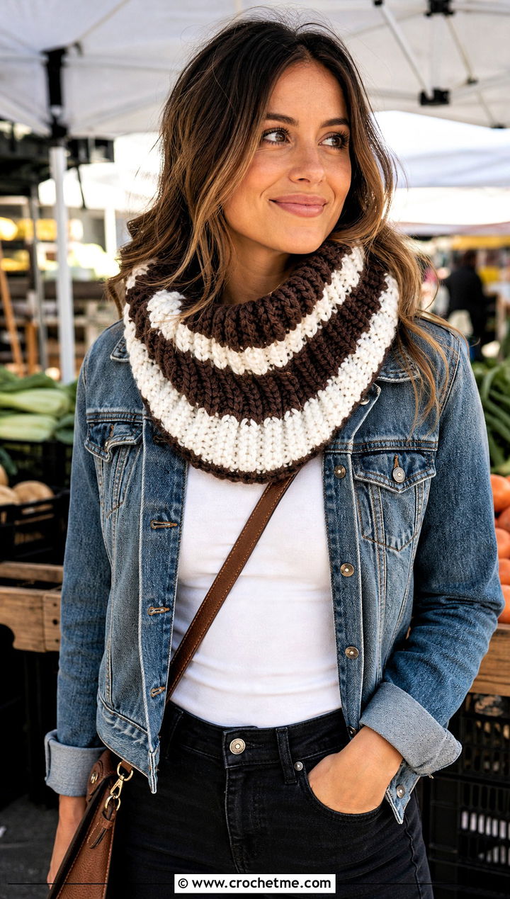 Chunky Ribbed Crochet Cowl With Denim Jacket - 15 brown and white crochet cowl outfit ideas