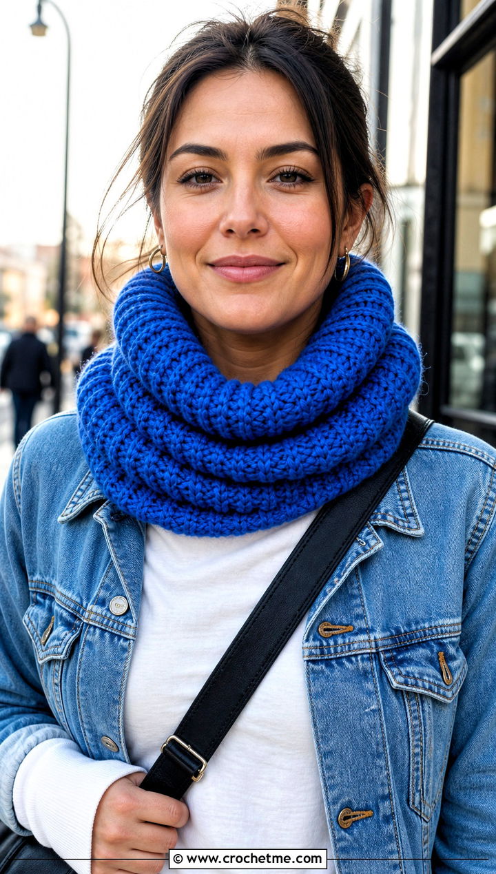 Chunky Ribbed Crochet Cowl With Denim Jacket - 15 1 Skein Crochet Cowl outfit ideas