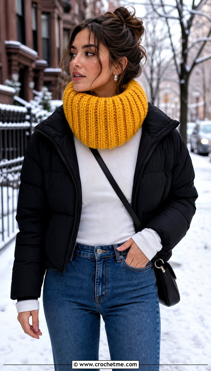 Chunky Ribbed Crochet Cowl With Puffer Jacket - 25 cowl crochet scarf outfit ideas