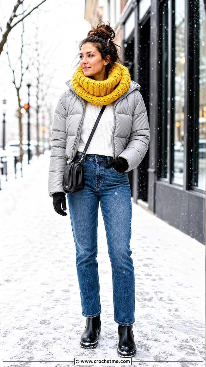 Chunky Ribbed Crochet Cowl With Puffer Jacket - 35 crochet cowl outfit ideas