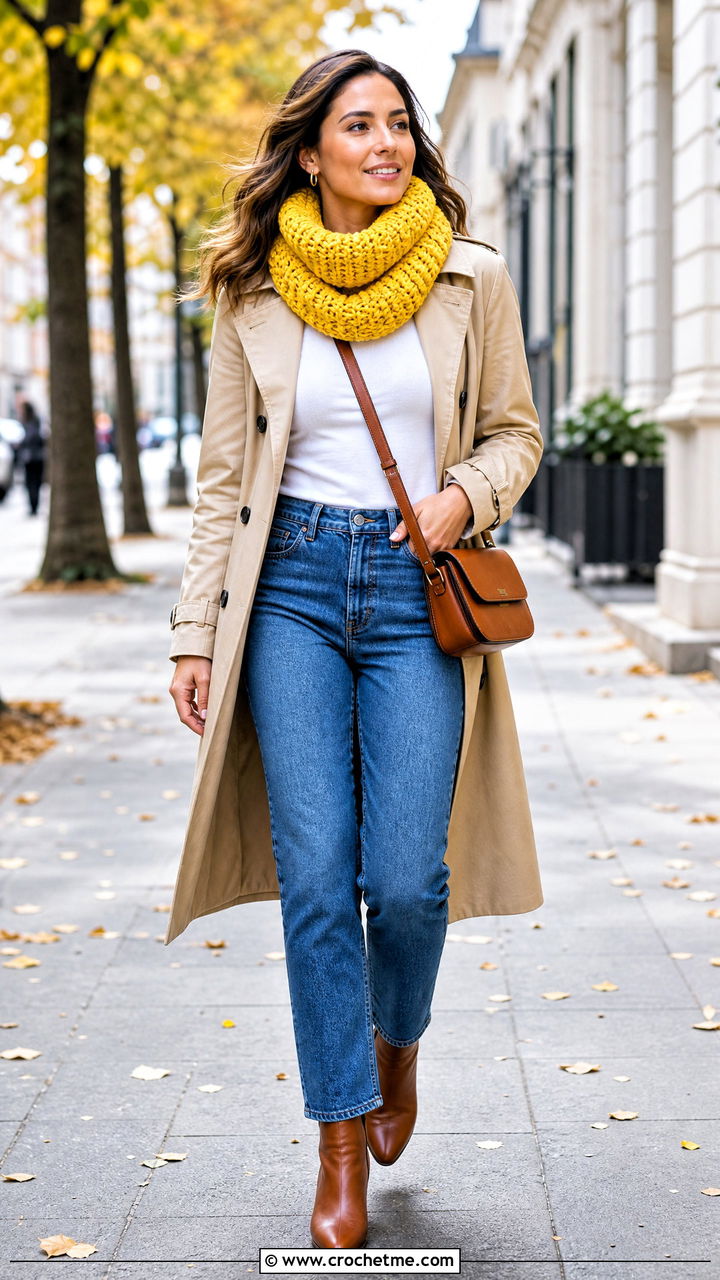 Chunky Ribbed Crochet Cowl With Trench Coat - 35 crochet cowls outfit ideas