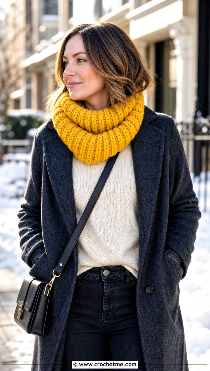 Chunky Ribbed Crochet Cowl With Wool Coat And Jeans - 35 crochet neck warmer cowls outfit ideas