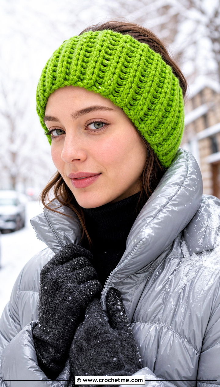 Chunky Ribbed Crochet Ear Warmer With Puffer Jacket - 15 crochet head wraps outfit ideas