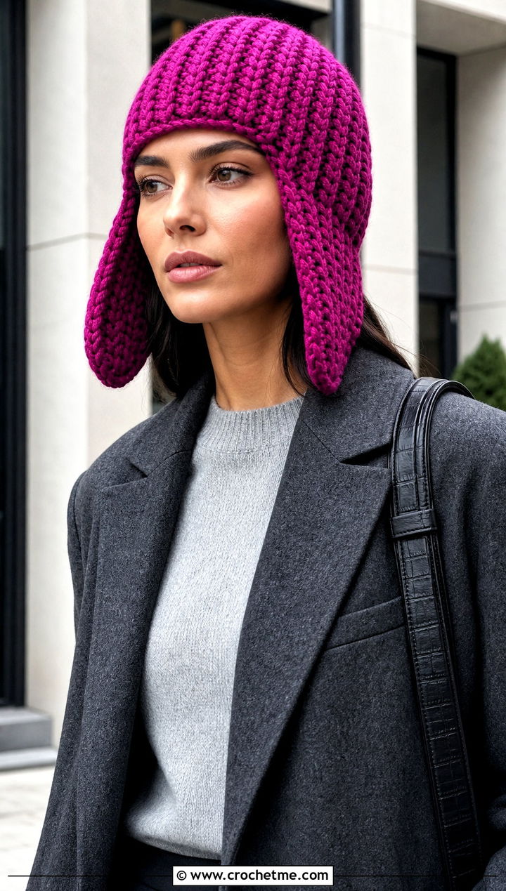 Chunky Ribbed Crochet Earflap Hat With Tailored Coat - 15 Crochet Hat With Earflaps outfit ideas