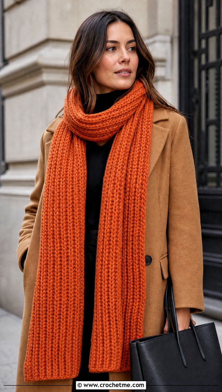 Chunky Ribbed Crochet Fall Scarf With Wool Coat - 15 Crochet Fall Scarf outfit ideas