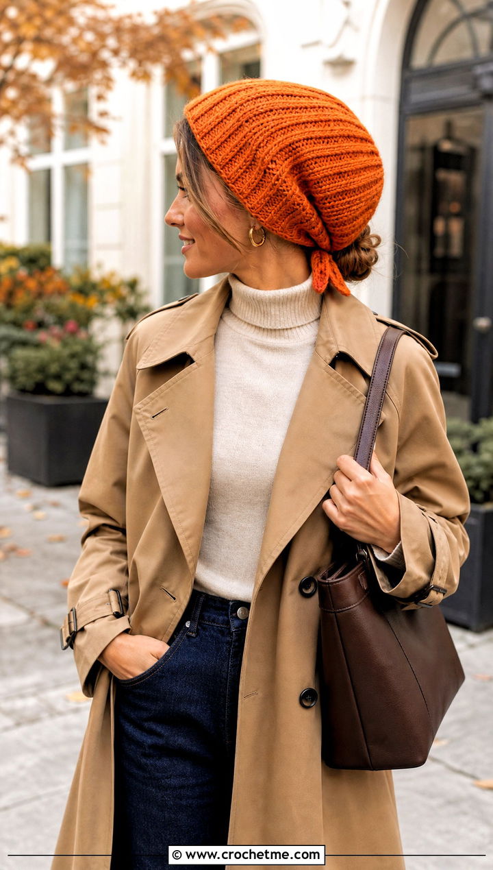 Chunky Ribbed Crochet Hair Scarf With Trench Coat - 15 Crochet Hair Scarf Ideas
