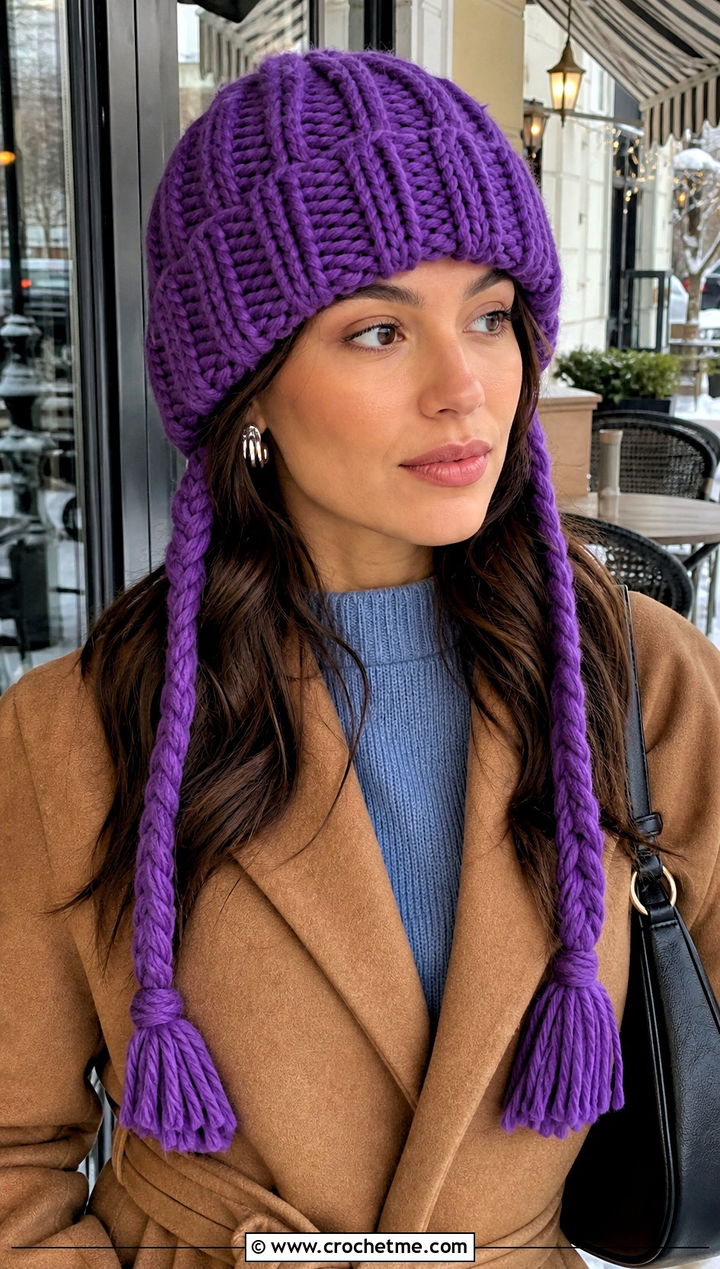 Chunky Ribbed Crochet Hat With Braids And Sweater Dress - 30 crochet hat with braids outfit ideas