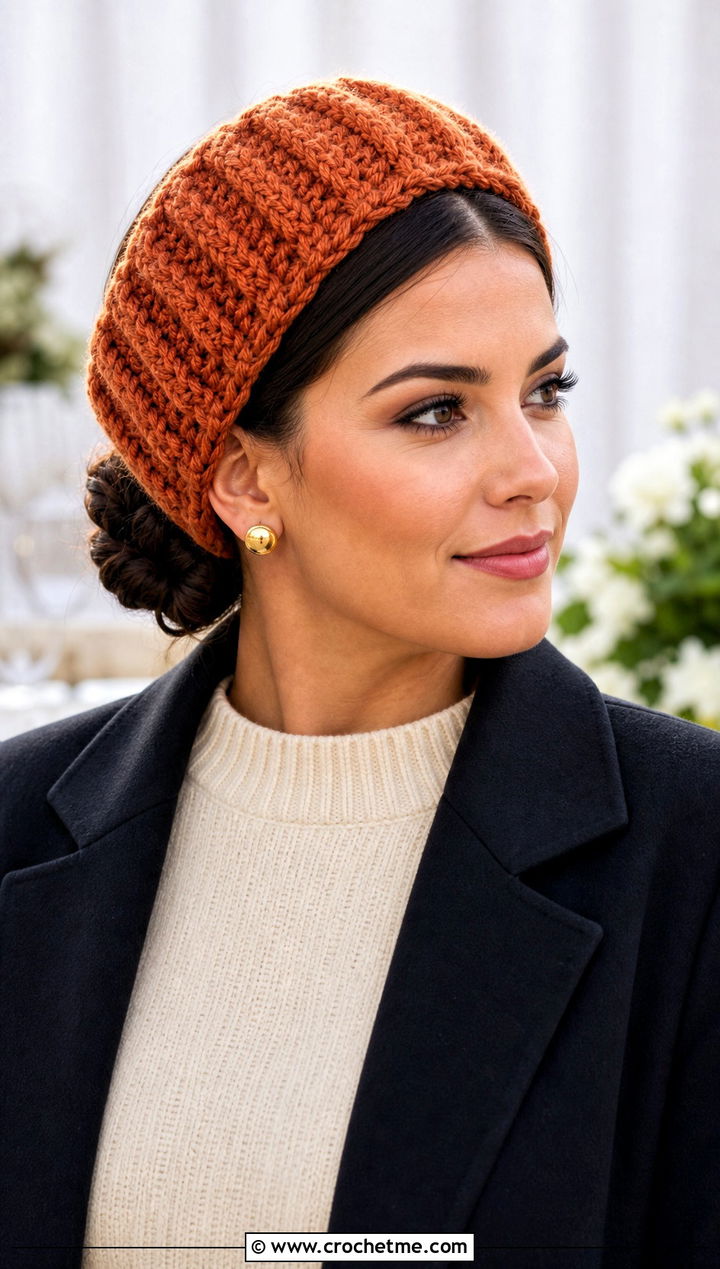Chunky Ribbed Crochet Headband With Sweater Dress - 25 Easy Crochet Winter Headband outfit ideas