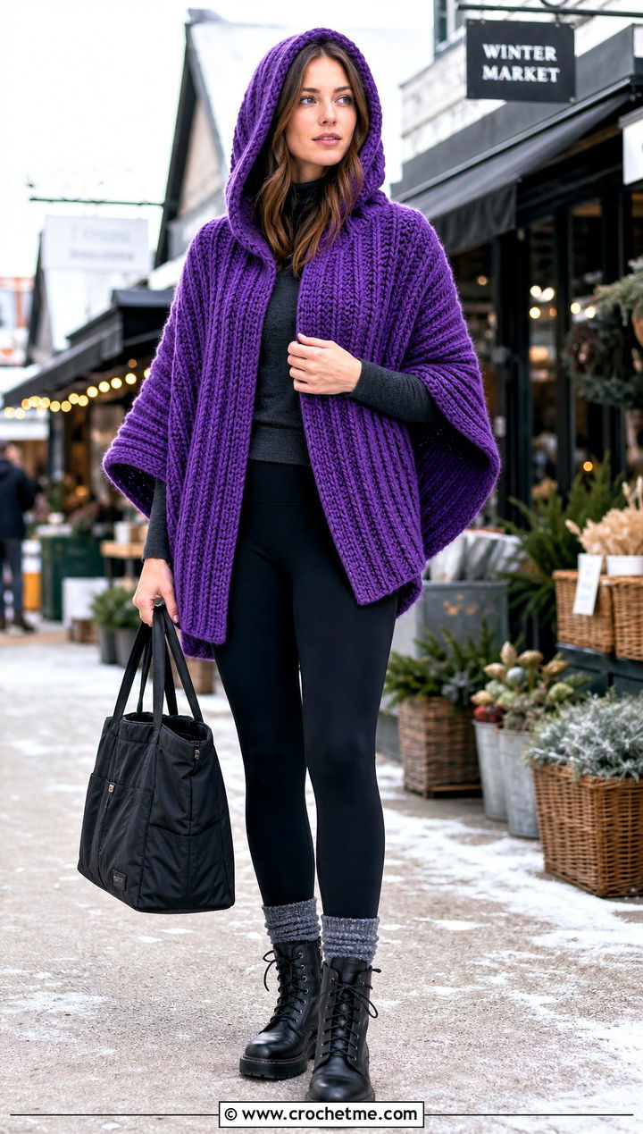 Chunky Ribbed Crochet Hooded Cape With Leggings - 35 crochet hooded cape outfit ideas