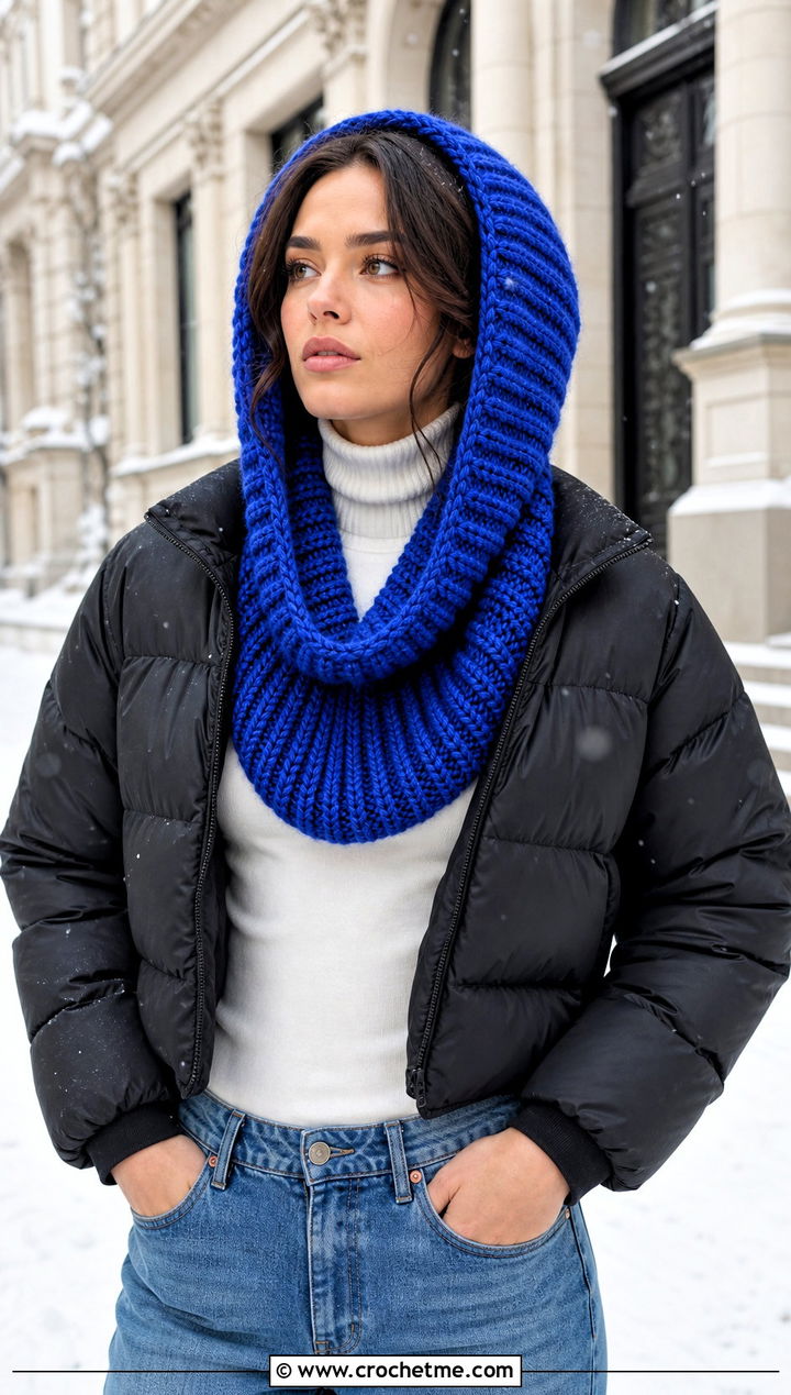Chunky Ribbed Crochet Hooded Cowl With Puffer Jacket - 30 easy crochet hooded cowl outfit ideas