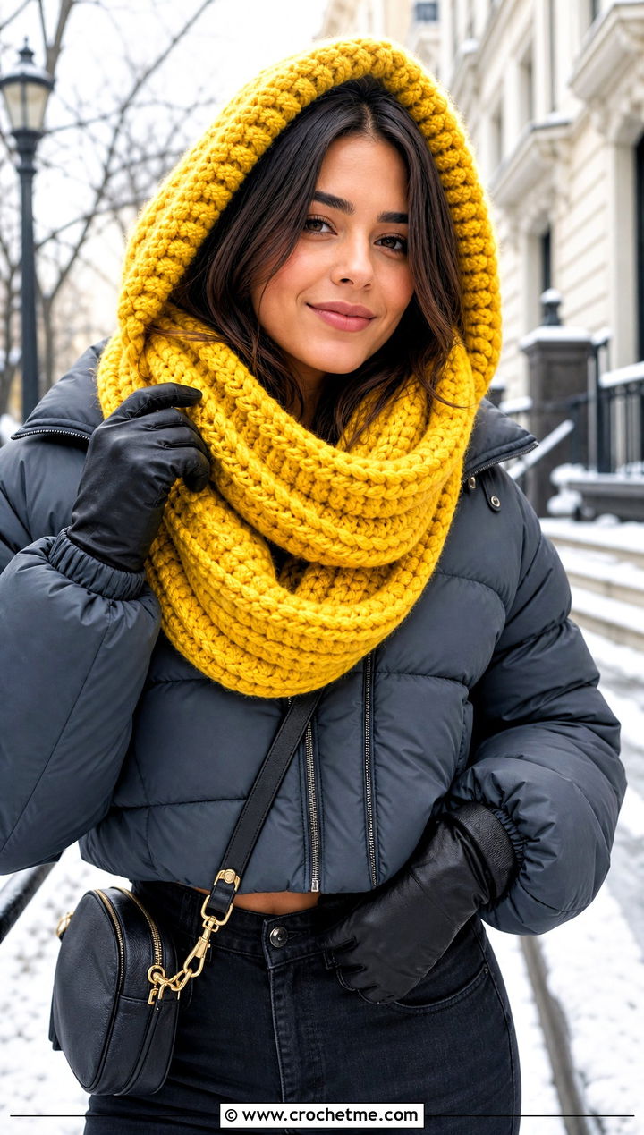 Chunky Ribbed Crochet Hooded Infinity Scarf With Puffer Jacket - 15 crochet infinity scarf with hood outfit ideas