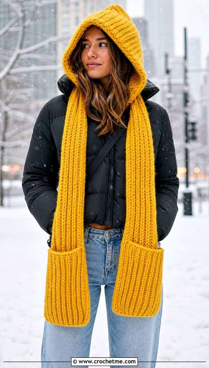Chunky Ribbed Crochet Hooded Pocket Scarf With Puffer Jacket - 25 crochet hooded pocket scarf outfit ideas