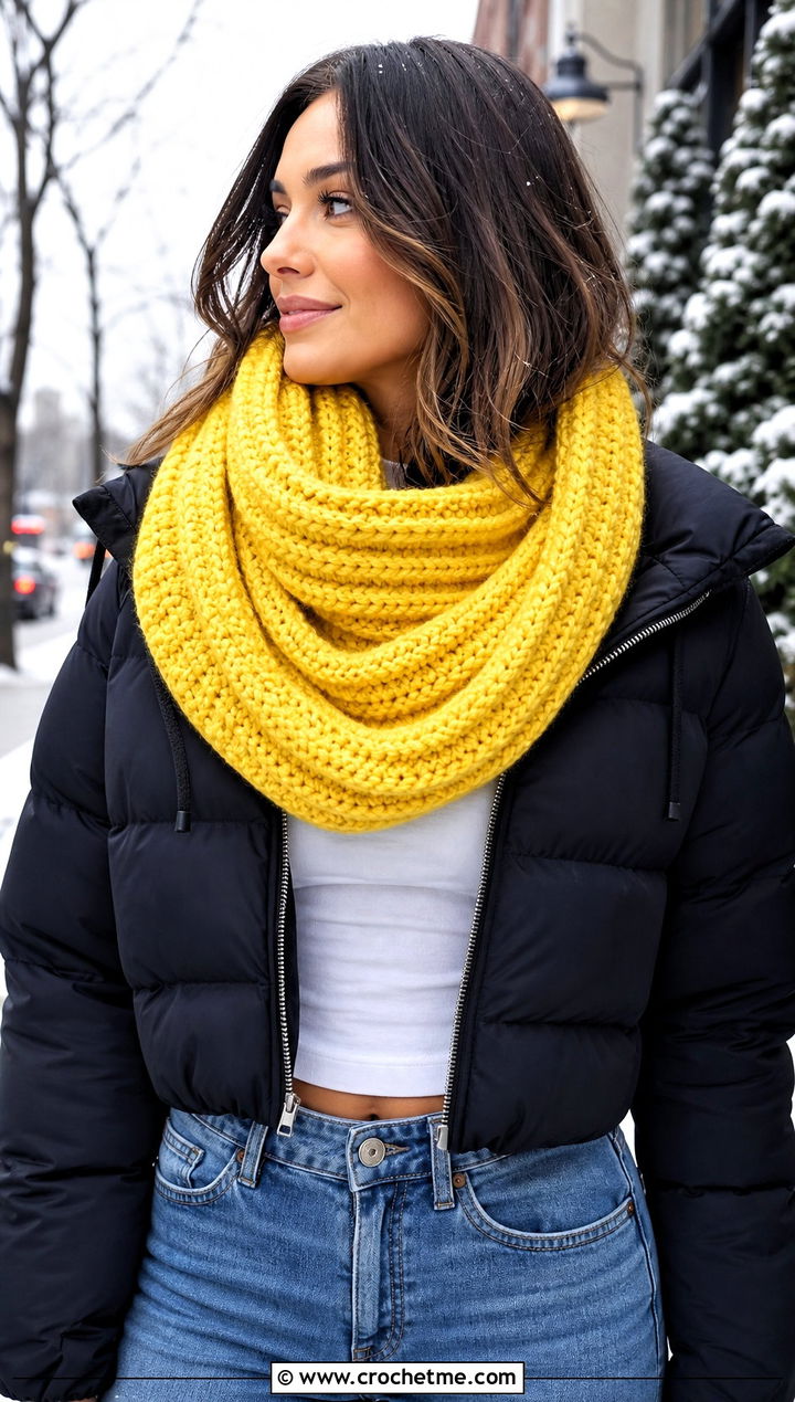 Chunky Ribbed Crochet Infinity Scarf With Puffer Coat - 25 infinite crochet scarf outfit ideas