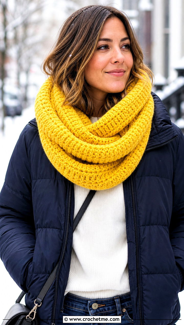Chunky Ribbed Crochet Infinity Scarf With Puffer Jacket - 30 crochet infinity scarves outfit ideas
