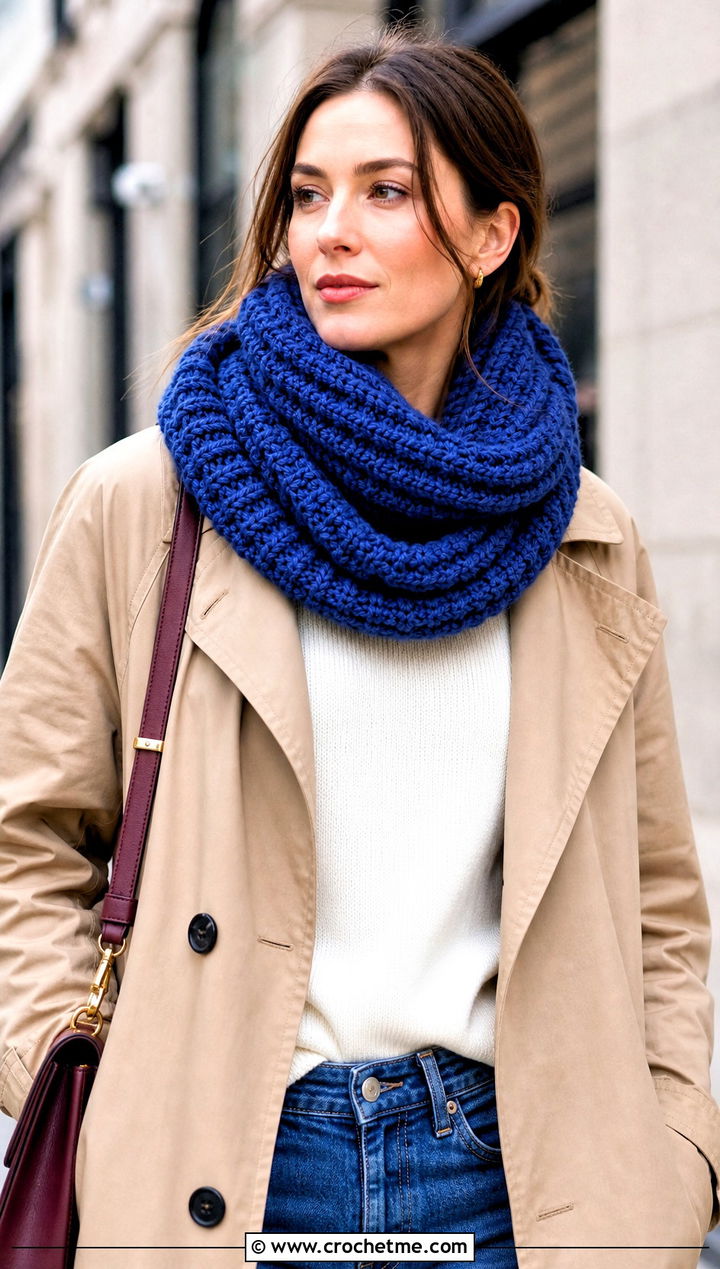 Chunky Ribbed Crochet Infinity Scarf With Trench Coat - 20 Chunky Crochet Infinity Scarf outfit ideas