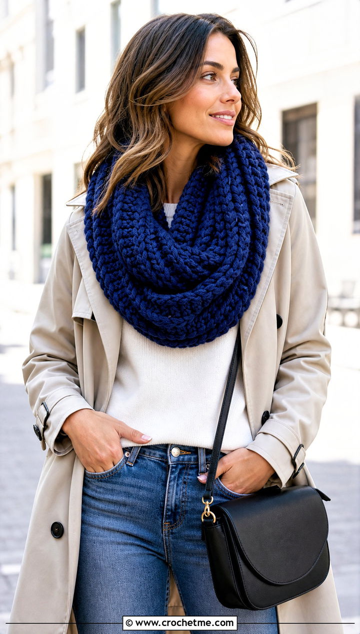Chunky Ribbed Crochet Infinity Scarf With Trench Coat And Jeans - 15 Oversized Crochet Infinity Scarf outfit ideas